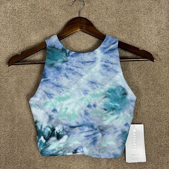 Athleta Conscious Crop Top Womens XS Solarize Chrome Blue Printed A-C Bra NEW - Picture 2 of 11